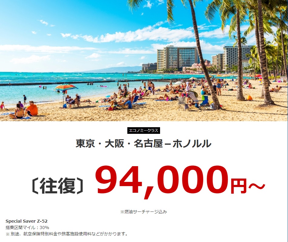 JAL 国内線 全路線一律 片道6,600円「JALスマイルキャンペーン」国際線はハワイ94,000円～1